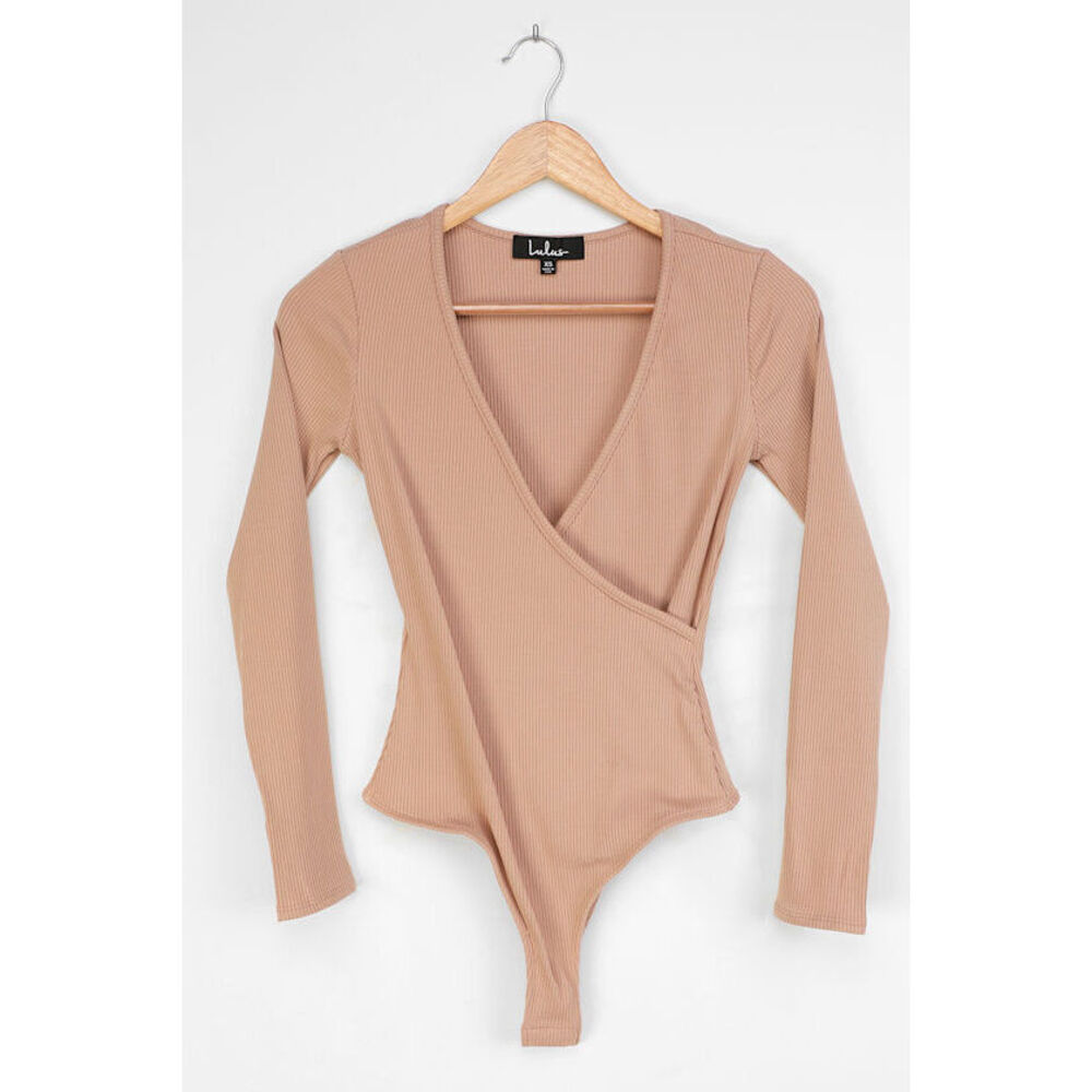 Lulus Casual Love Beige Ribbed Long Sleeve Bodysuit - Size L